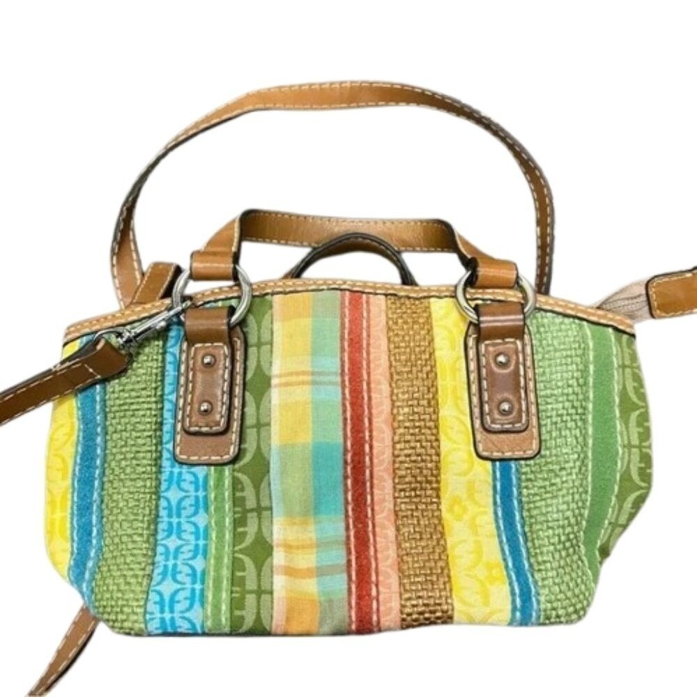 Fossil Patchwork Striped‎ Canvas Leather Satchel Crossbody Bag Multicolor Green